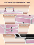 Qislee Makeup Box with Drawer and Four Trays, A Detachable Lighted Mirror, Waterproof Travel Train Case, Cosmetic Organizer and Makeup Suitcase with Magnetic LED Mirror(ICY Pink)