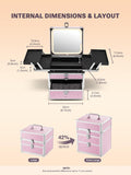 Qislee Makeup Box with Drawer and Four Trays, A Detachable Lighted Mirror, Waterproof Travel Train Case, Cosmetic Organizer and Makeup Suitcase with Magnetic LED Mirror(ICY Pink)