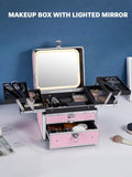 Qislee Makeup Box with Drawer and Four Trays, A Detachable Lighted Mirror, Waterproof Travel Train Case, Cosmetic Organizer and Makeup Suitcase with Magnetic LED Mirror(ICY Pink)