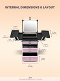 Qislee Makeup Box with Double Drawers and Four Trays, A Detachable Lighted Mirror, Waterproof Travel Train Case, Cosmetic Organizer and Makeup Suitcase with Magnetic LED Mirror(ICY Pink)