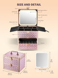 Qislee Makeup Box with Drawer and A Detachable Lighted Mirror, Waterproof Travel Train Case, Cosmetic Organizer and Makeup Suitcase with Adjustable Dividers, Magnetic LED Mirror  (Sparkling Pink)