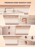 Qislee Makeup Box with Drawer and A Detachable Lighted Mirror, Waterproof Travel Train Case, Cosmetic Organizer and Makeup Suitcase with Adjustable Dividers, Magnetic LED Mirror (Rose Gold)