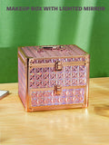 Qislee Makeup Box with Drawer and A Detachable Lighted Mirror, Waterproof Travel Train Case, Cosmetic Organizer and Makeup Suitcase with Adjustable Dividers, Magnetic LED Mirror  (Sparkling Pink)