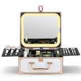 A makeup box with a detachable lighted mirror, featuring multiple compartments with adjustable dividers, and a brush board. The exterior is white with a gold-colored frame and handles.