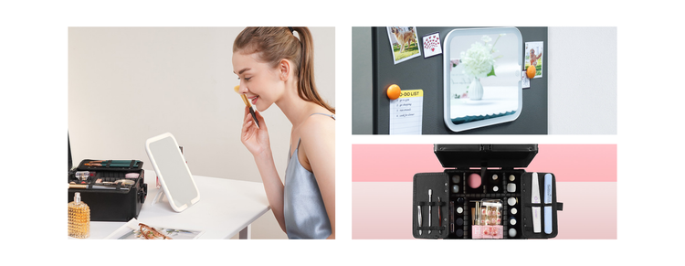 collage showing the different features of a cosmetic organizer with adjustable dividers and detachable LED mirror