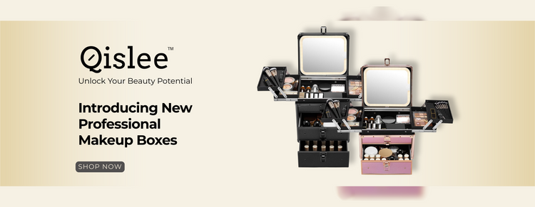 Qislee makeup organizers with LED makeup mirror and various compartments on a beige background