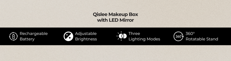 banner featuring different specs of Qislee makeup box with LED makeup mirror
