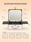 white makeup box with adjustable sponge divider and detachable LED fill light, and brush slots